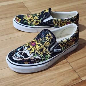 Vans Classic Skull Sunflower Black Yellow Sz 6.5 Slip On Shoes Limited Edition